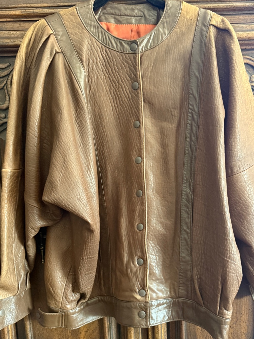 GLAM Vakko Brown Leather Button-Front Puff Sleeve Bomber Jacket